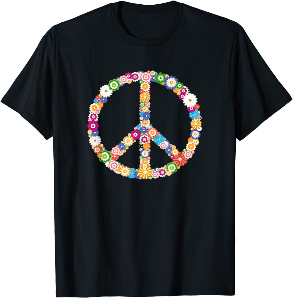 Discover T-Shirt Unissexo Manga Curta Símbolo de Paz Decoração Flores
