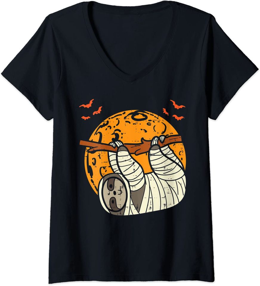 Discover T-shirt para Mulher Preguiça Lua Morcegos Fofinho Dia das Bruxas Decote em V