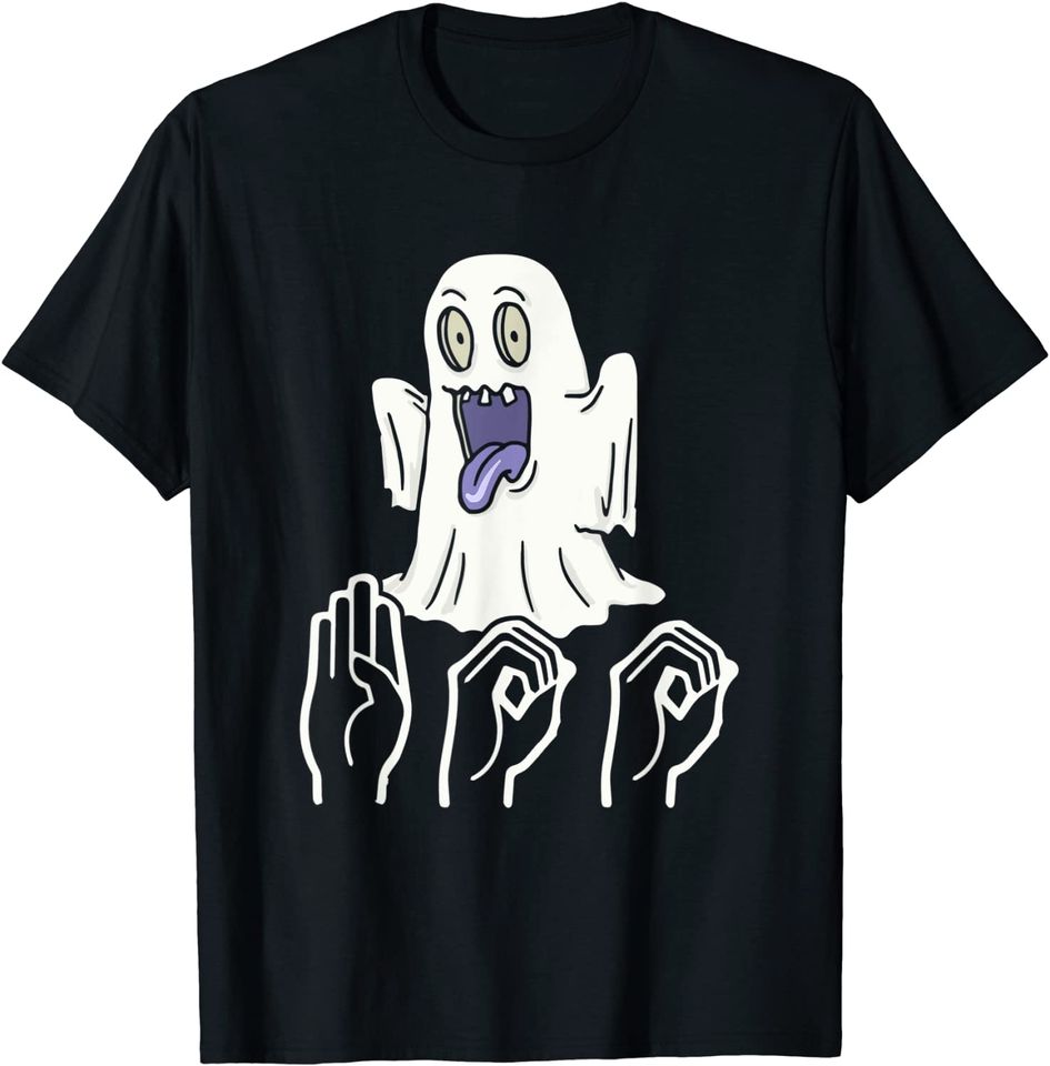 Discover T-shirt para Homem e Mulher Linguagem de Sinais Fantasma Boo Halloween