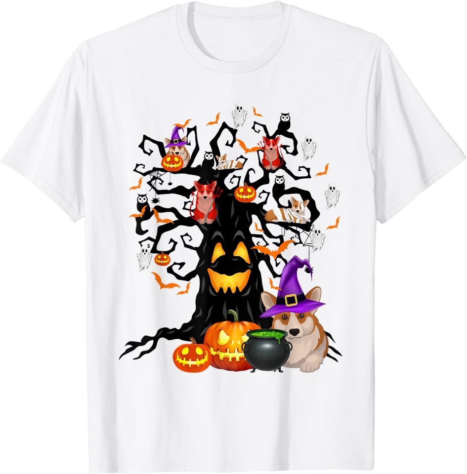 Discover T-shirt para Homem e Mulher Árvore Halloween com Corgi