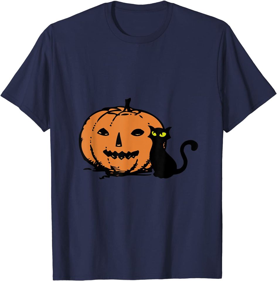 Discover T-shirt para Homem e Mulher Halloween com Gato Preto e Abóbora