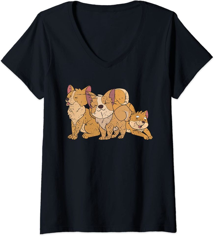 Discover T-shirt para Mulher Kawaii Animal Cães de Shiba Decote em V