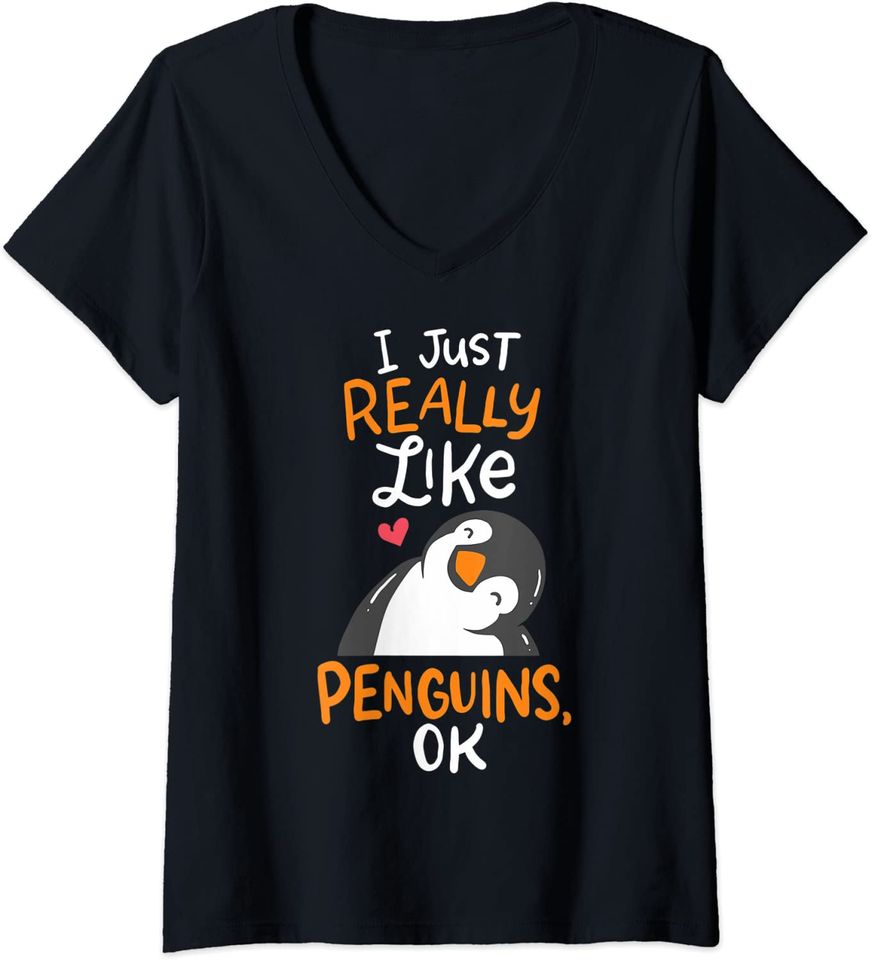 Discover T-shirt de Mulher com Decote Em V Pinguim Fofo I Just Really Like Penguins Ok