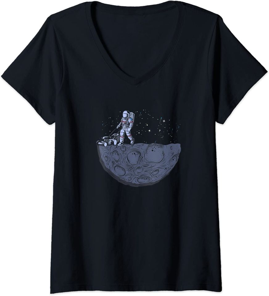 Discover T-shirt de Mulher com Decote Em V Presente Astronauta Cortador de Grama No Espaço