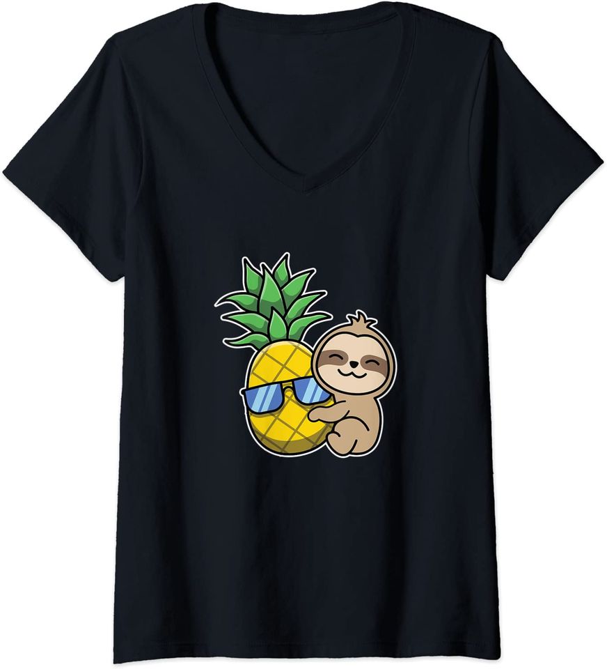 Discover Preguiça e Ananá | Camiseta de Mulher com Decote em V