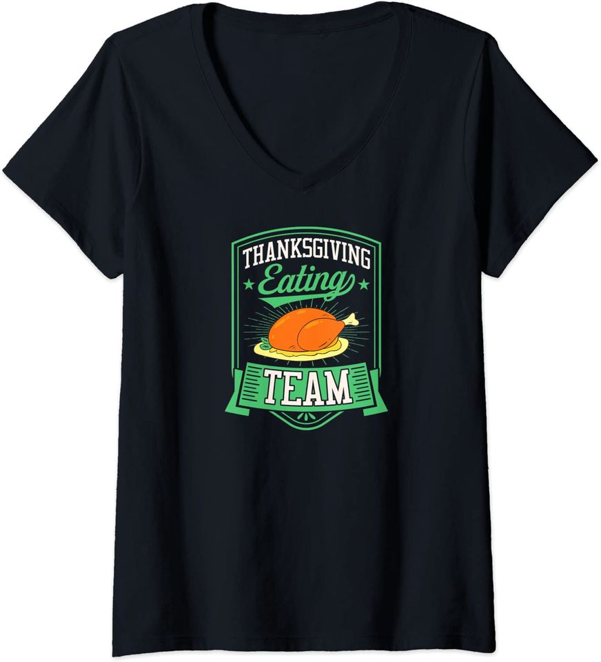 Discover T-shirt Camiseta de Mulher Decote em V para Equipa de Comer Turquia Dia de Ação de Graças