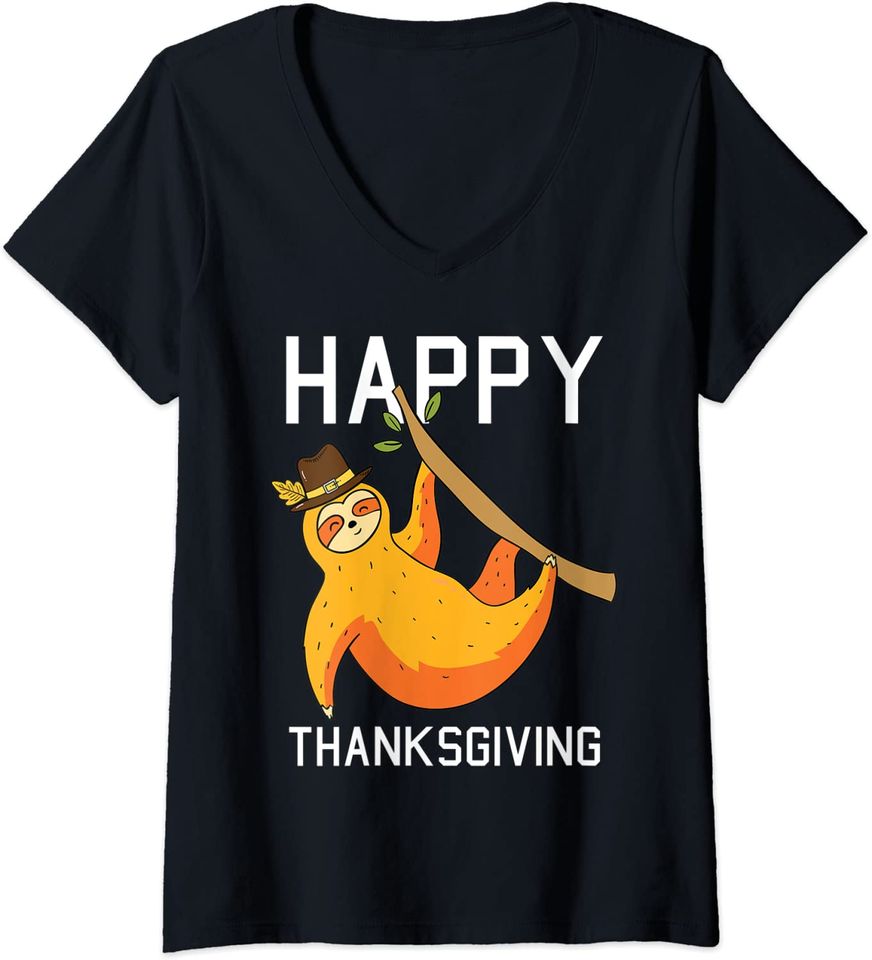 Discover Feliz Dia de Ação de Graças Preguiçoso Feliz | T-shirt Camiseta de Mulher Decote em V
